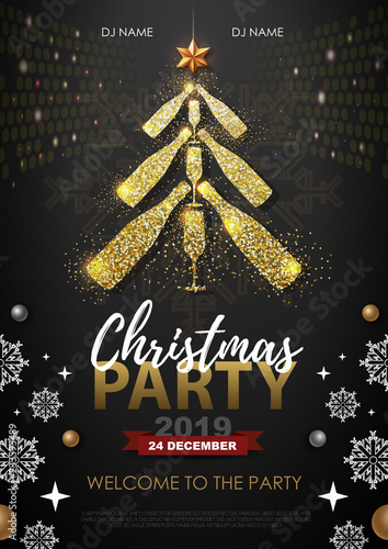 Christmas party poster with golden champagne glass. Golden Christmas tree