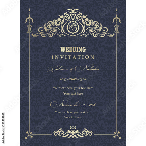 Wedding invitation cards baroque style blue and gold. Vintage Pattern. Retro Victorian ornament. Frame with flowers elements. Vector illustration.