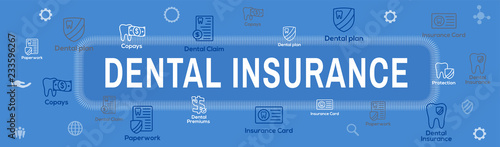 Dental Insurance Web Header Banner with Outline Icons, teeth, premiums, insurance, card, id