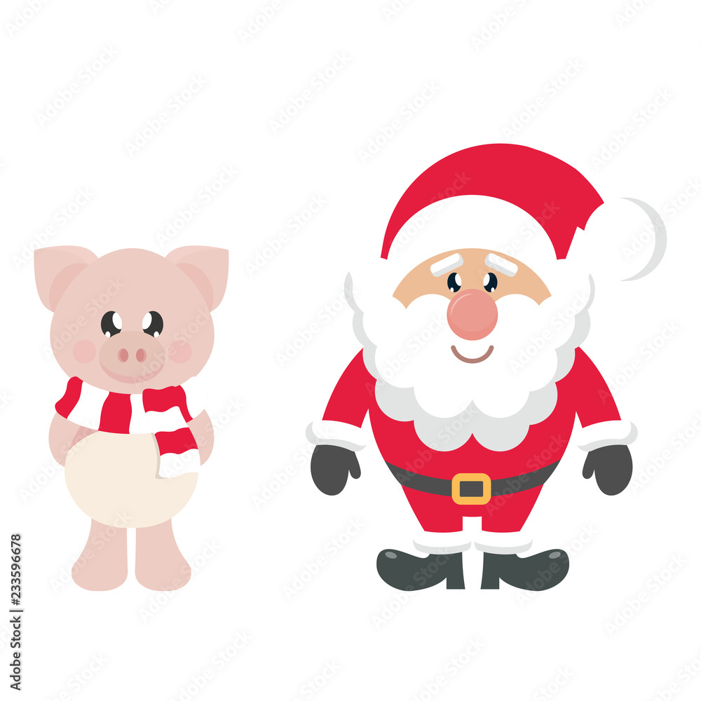 winter cartoon pig with scarf and santa claus winter cartoon pig with scarf and santa claus