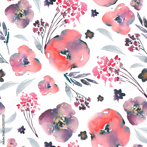 Abstract watercolor floral seamless pattern in a la prima style, red flowers