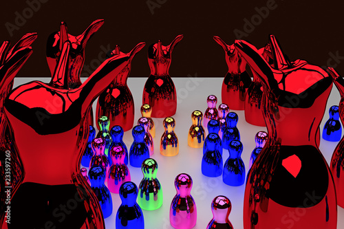 glossy figures standing on a bright surface and celebrating a pretty scary halloween party
