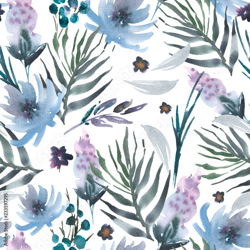 Abstract watercolor floral seamless pattern flowers, twigs, leaves, buds.