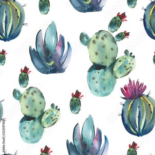 Exotic watercolor cactus seamless pattern. Cactus, succulent, flowers.