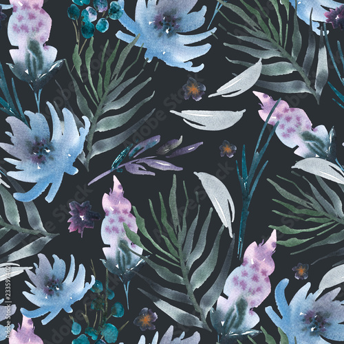 Abstract watercolor floral seamless pattern flowers, twigs, leaves, buds.