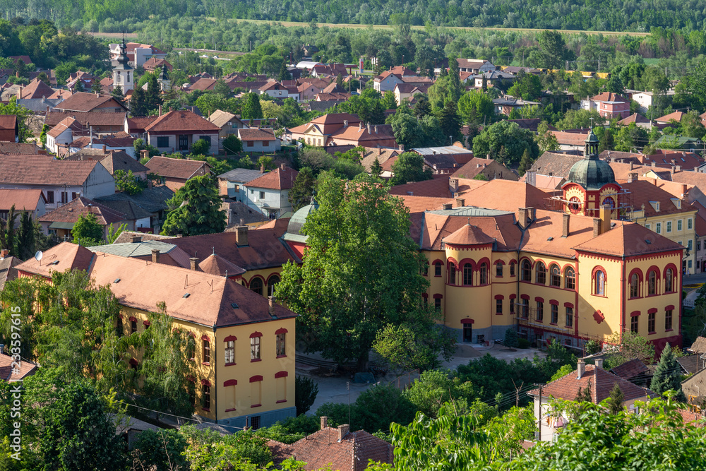 Sremski Karlovci, Serbia - May 2, 2018: Panorama of Sremski Karlovci. Panoramic view of The Gymnasium of Karlovci