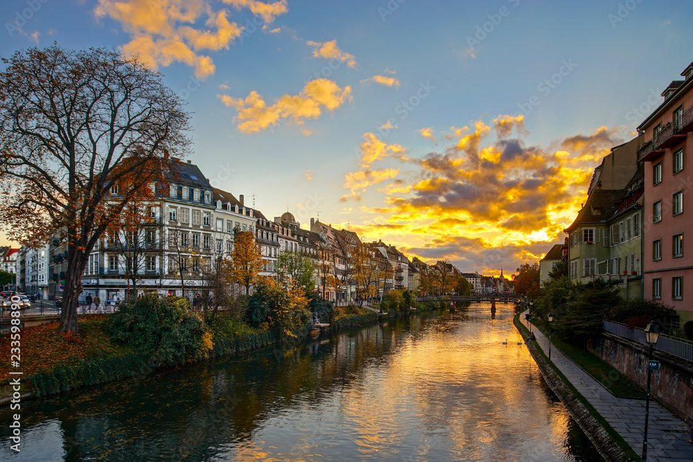Beautiful colorful sunset in autumnal Strasbourg, cityscape
