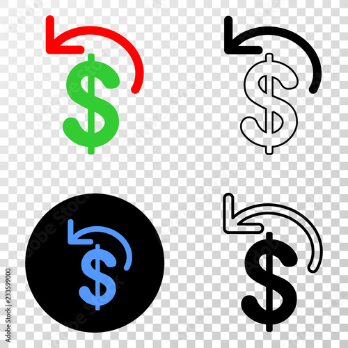 Dollar refund EPS vector pictograph with contour, black and colored versions. Illustration style is flat iconic symbol on chess transparent background.