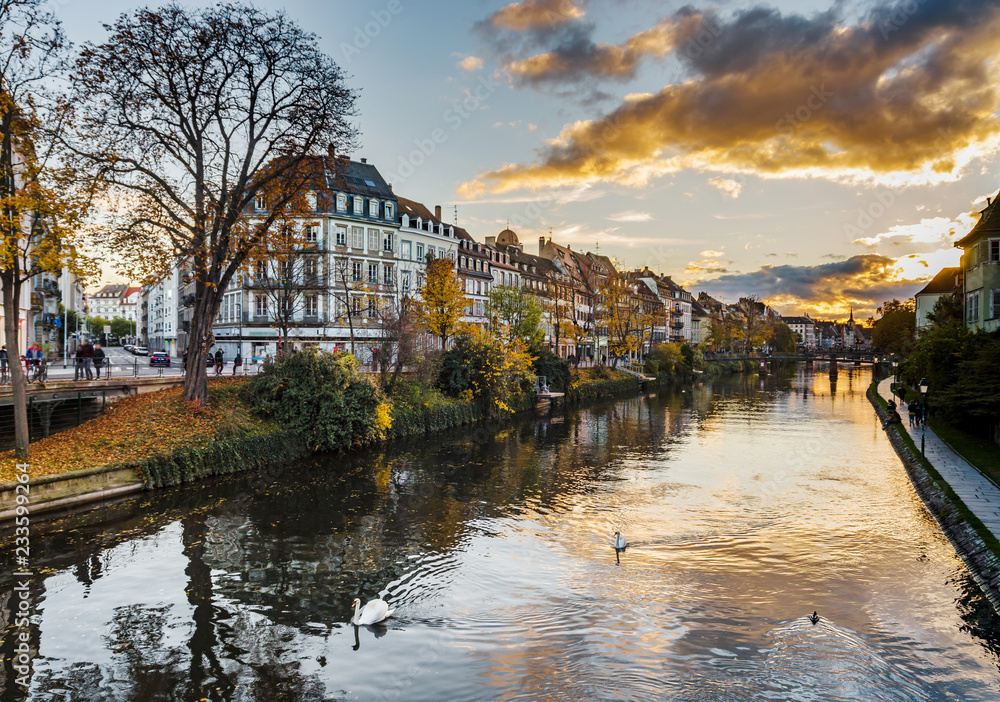Beautiful colorful sunset in autumnal Strasbourg, cityscape
