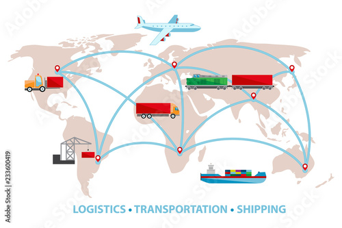 Vector illustration of the global logistics networtk. Delivery and transportation services. Shipping by train, airplane, truck and ship. World map with the loads, cargo, shipment traffic.