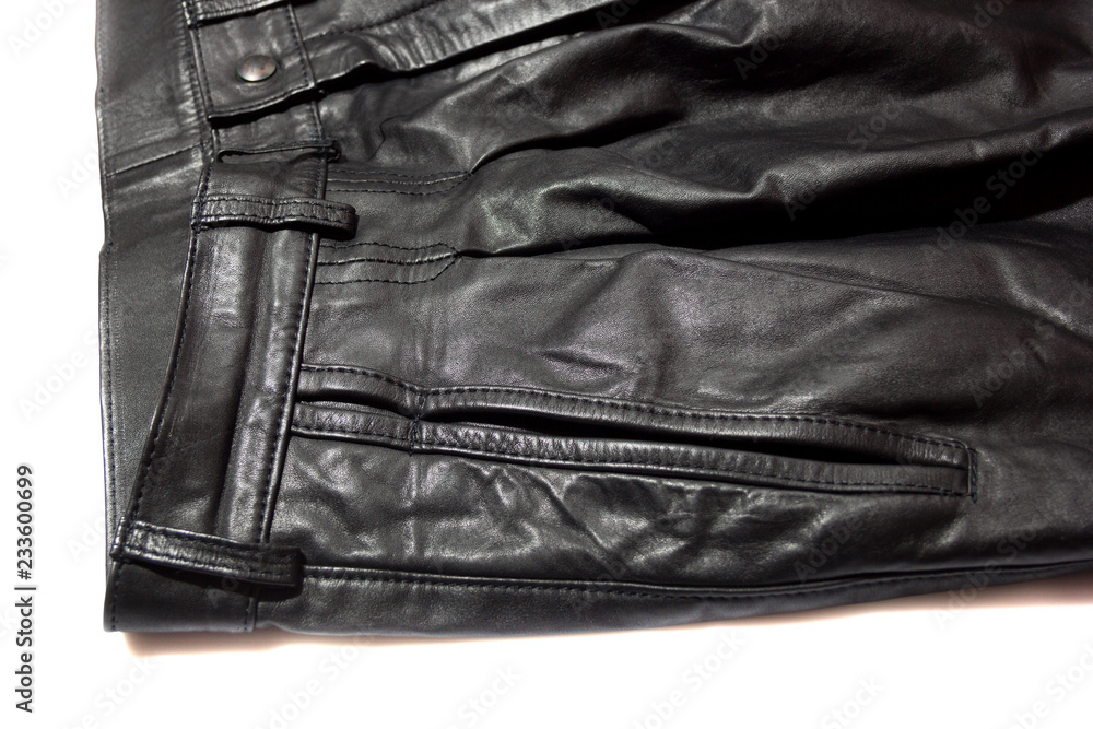 front of leather trousers on white background