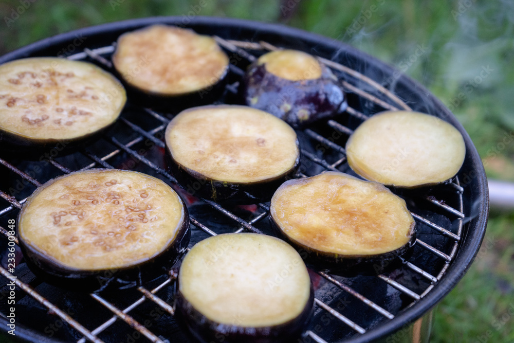 Chopped slices of eggplant roasted on the grill being in the woods Chopped slices of eggplant roasted on the grill being in the woods