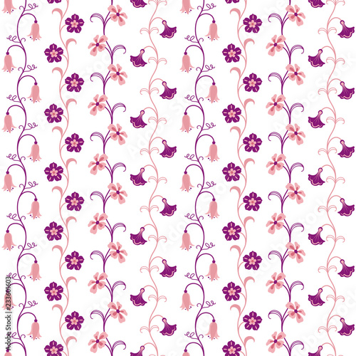Seamless pattern with abstract violet and pink flowers. Petals, leaves and vines. Floral design for cards, fabric, packing materials, clothing. 