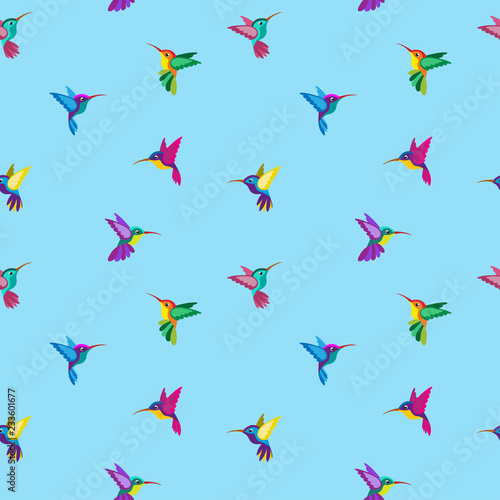 Seamless pattern with hummingbirds of various colors. Background is isolated from pattern. Swatch is included in EPS file.