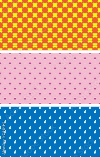 Set of seamless patterns with simple elements, flowers and raindrops. Swatches are included in EPS file.