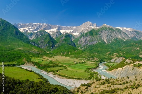 River Vjosa, Upper Vjosa valley, villages Kanikol and Dracove at Carcove, Permet region, Gjirokastra district, Gjirokaster, Albania, Europe photo