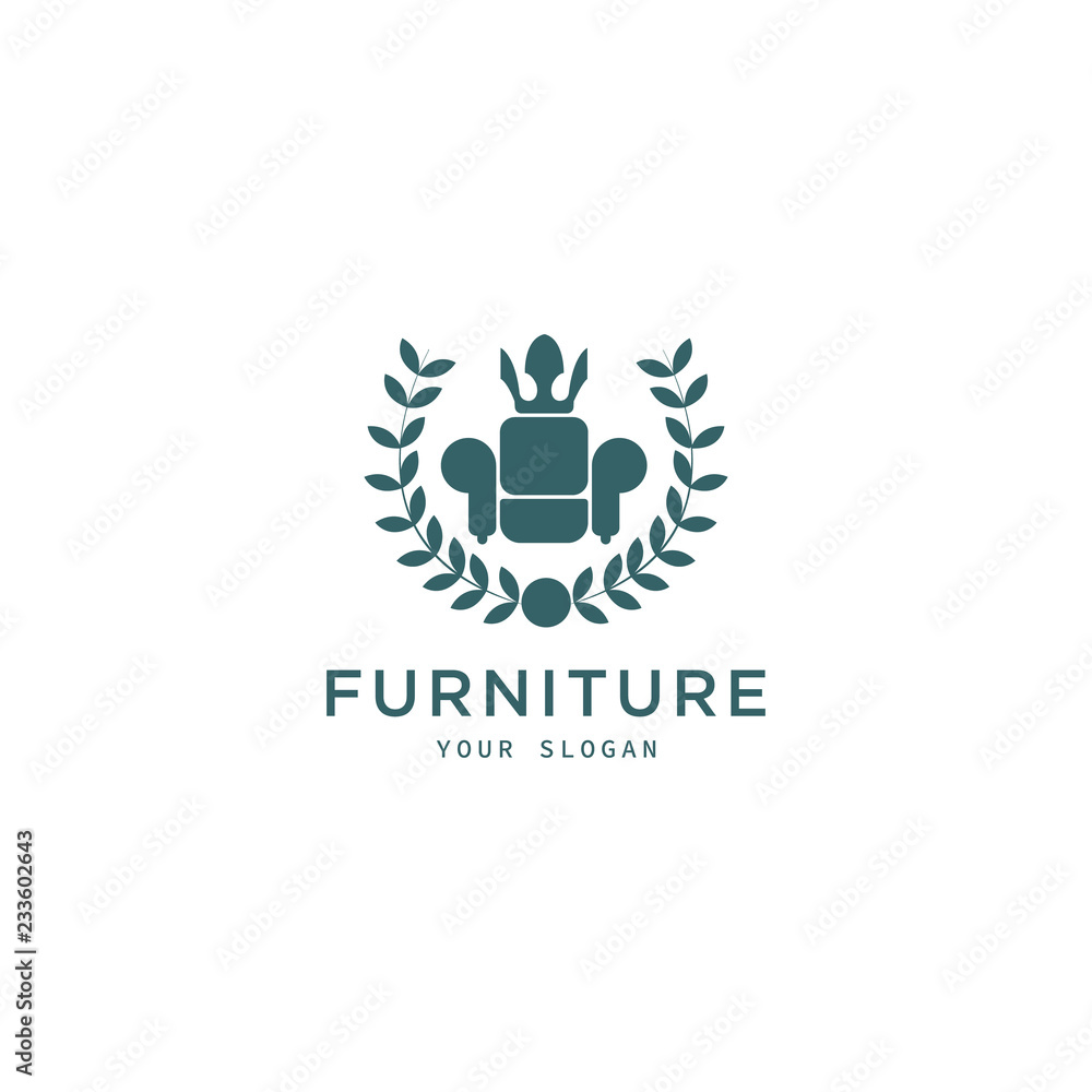 king furniture logo design in blue color with crown and wheat