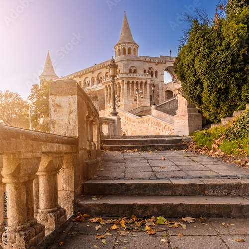 Budapest, Hungary - Entrance of the famous Fisherman's Bastion at sunrise with clear blue sky