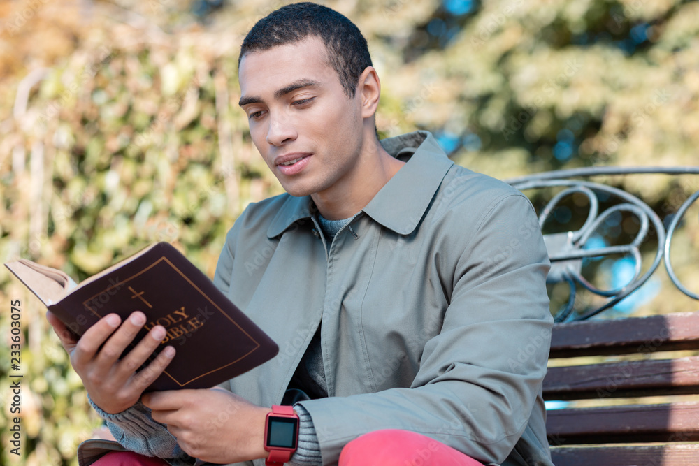 Fototapeta premium Concentrated religious man reading Bible in park