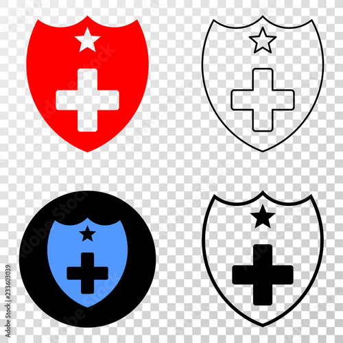 Medical shield EPS vector pictograph with contour, black and colored versions. Illustration style is flat iconic symbol on chess transparent background.