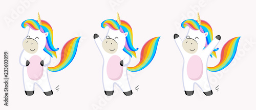 Set of unicorn characters on a white background. Unicorn in different poses. Flat illustrations for design postcard.