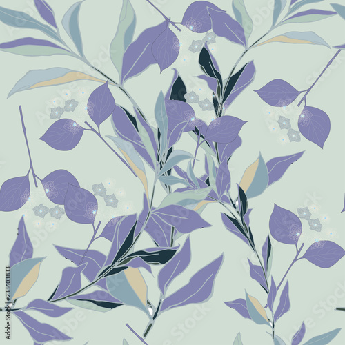 Dark purple circles, blue, green flowers and leaves on army green background. Abstract floral pattern in lilac and green. Seamless vector pattern.