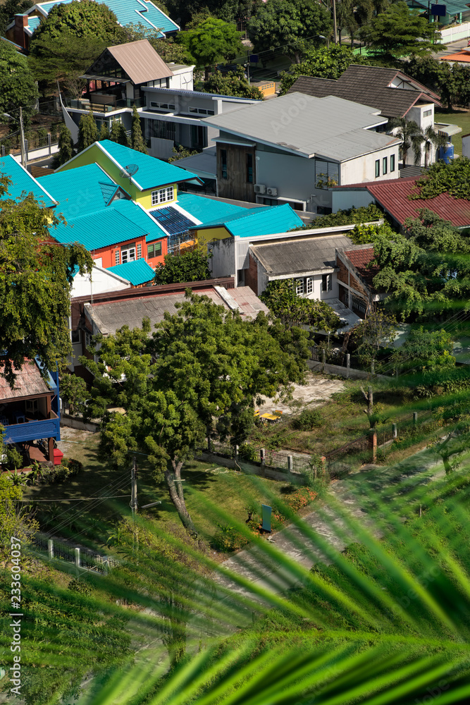 Elevated view of colorful houses in residential area of Pattaya, Thailand
