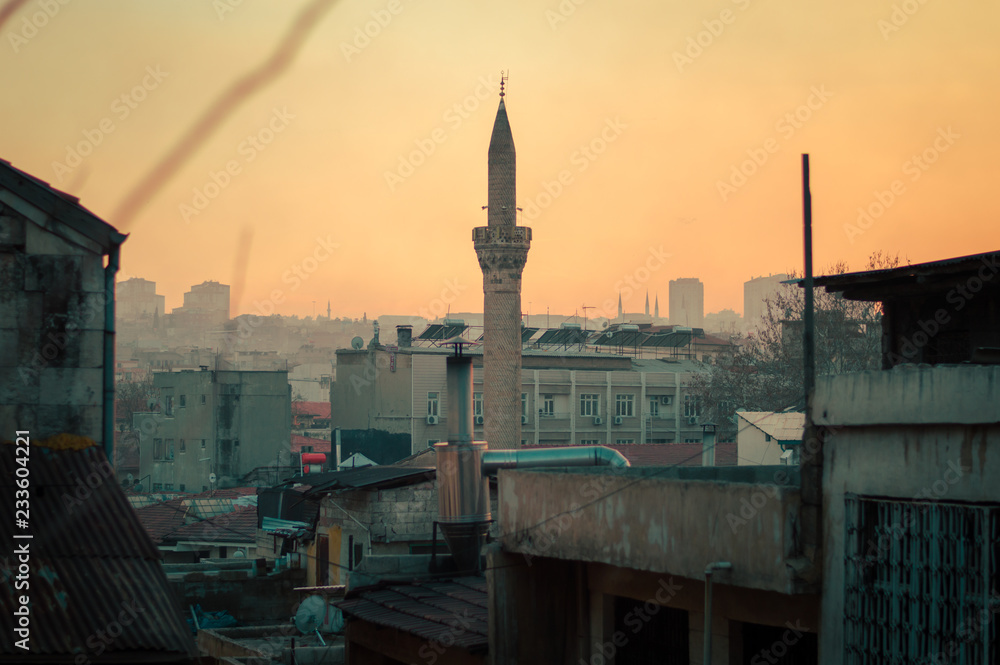 Minaret in the old streets of Gaziantep Turkey