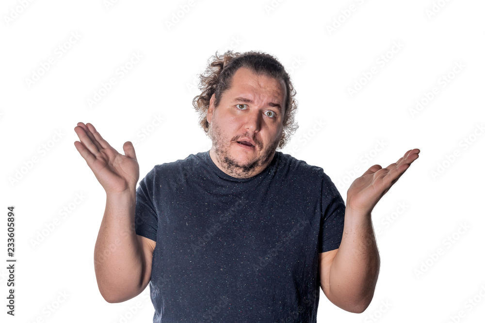 Surprised man throws up his hands in disbelief on white background Surprised man throws up his hands in disbelief on white background