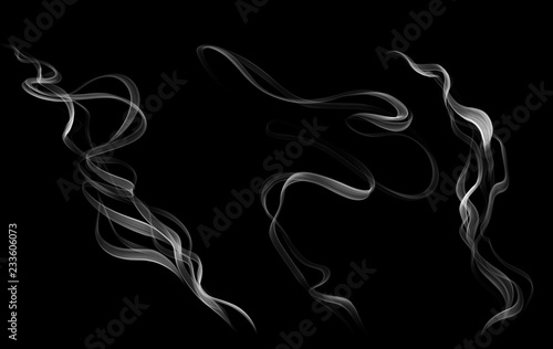 Fototapeta Naklejka Na Ścianę i Meble -  Delicate white cigarette smoke waves on black background.