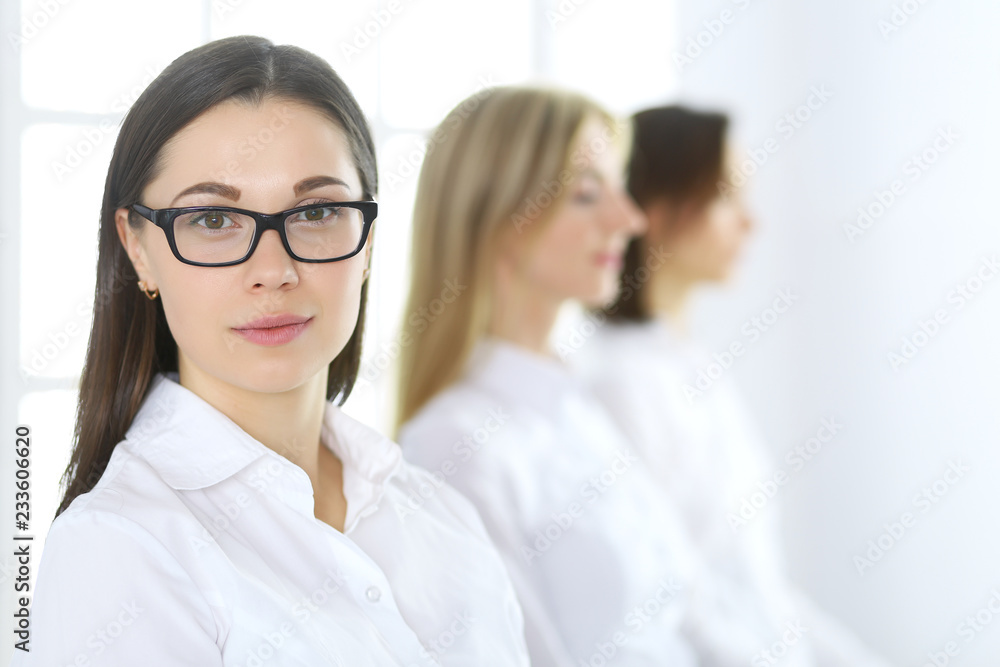 Attractive businesswoman at meeting or conference against the background of colleagues. Group of business people at work. Portrait of lawyer or secretary Attractive businesswoman at meeting or conference against the background of colleagues. Group of business people at work. Portrait of lawyer or secretary