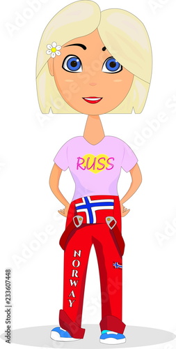 Girl graduating high school in Norway in red overalls with Norwegian flag image.