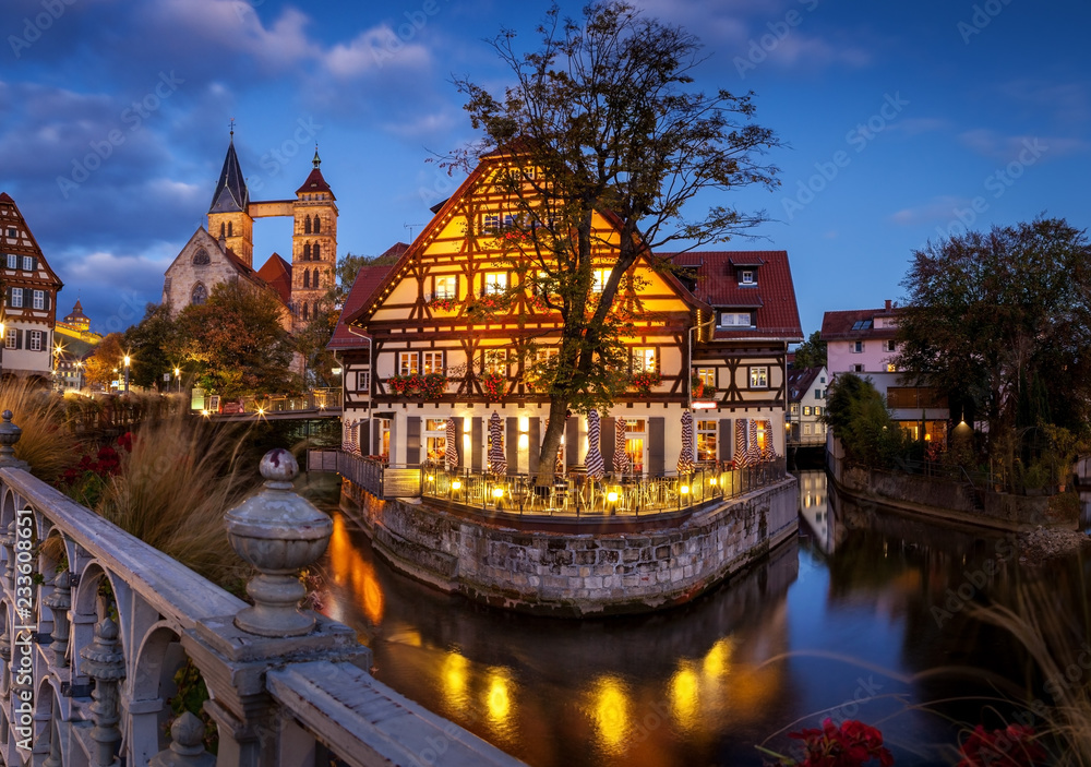 Fototapeta premium view of medieval town Esslingen am Neckar at dusk in Germany