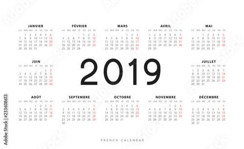 French calendar for 2019 years, week starts on Monday. Design calender on white background,