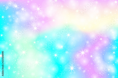 Unicorn rainbow background. Holographic sky in pastel color. Bright mermaid pattern in princess colors. Vector illustration. Fantasy gradient colorful backdrop with rainbow mesh.