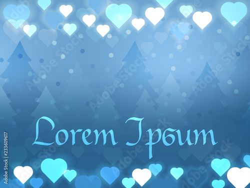 Template for your design. Glowing hearts on blue blurred background and the forest in the fog. Bokeh style. Blank for text. Vector illustration.