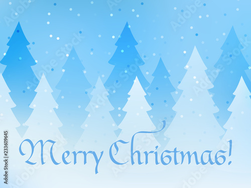 Merry Christmas greeting card. Blue magical background and a forest in the fog. Vector illustration.