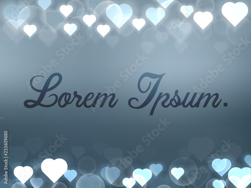 Template for your design. Glowing hearts on grey blurred background. Bokeh style. Blank for text. Vector illustration.