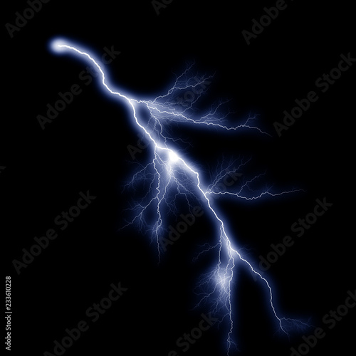 Isolated realistic electrical lightning strike visual effect on black night background. Energy change. 