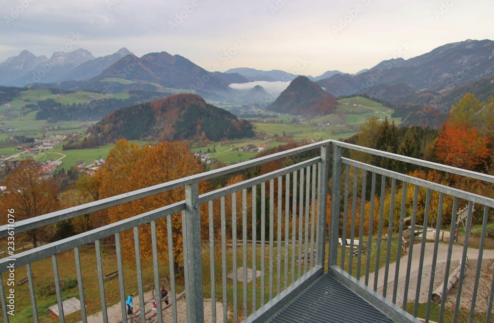 On the viewing tower Wurbauerkogel in Upper Austria. From here, one has a fascinating view of the surrounding mountains. Europe.