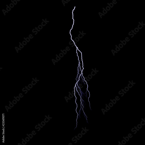 Isolated realistic electrical lightning strike visual effect on black night background. Energy change. 