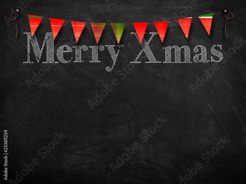 3d illustration rendering of chalk Merry Christmas wishes on blackboard with red festoon decoration