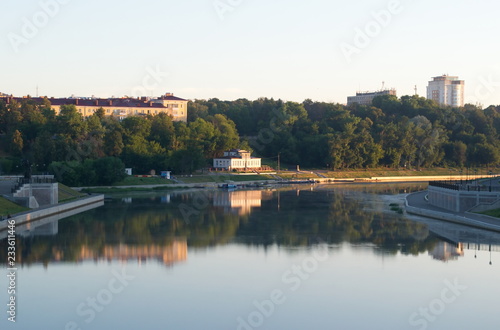 water, river, landscape, lake, sky, nature, reflection, city, blue, summer, forest, architecture, trees, travel, view, town, church, pond, panorama, europe, park, house, reflections
