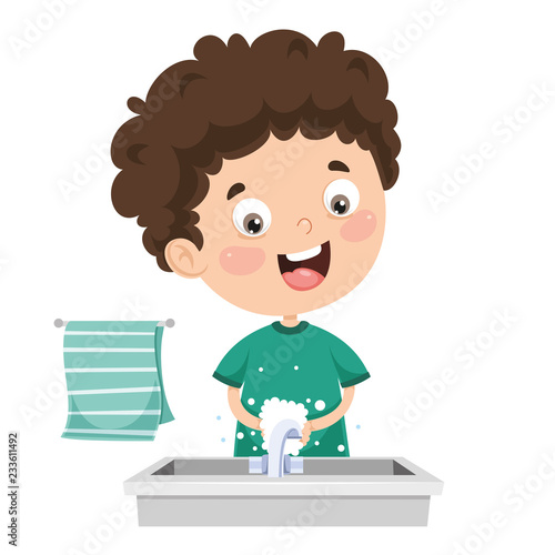 Vector Illustration Of Kid Washing Hands