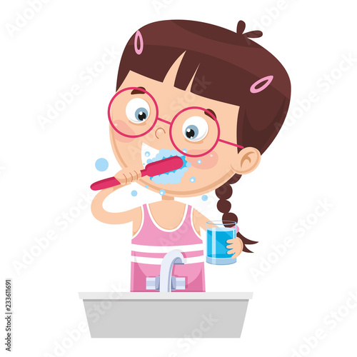 Vector Illustration Of Kid Brushing Teeth