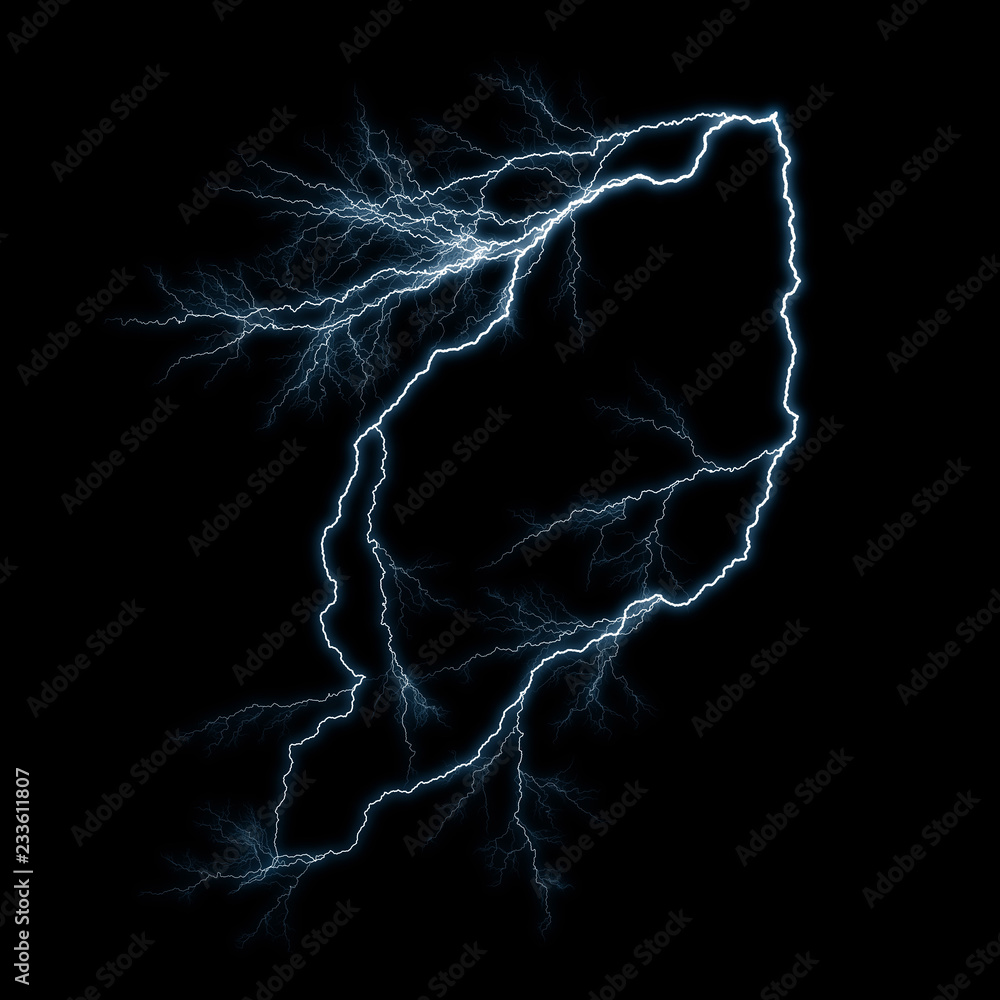 Obraz premium Isolated realistic electrical lightning strike visual effect on black night background. Energy change. 