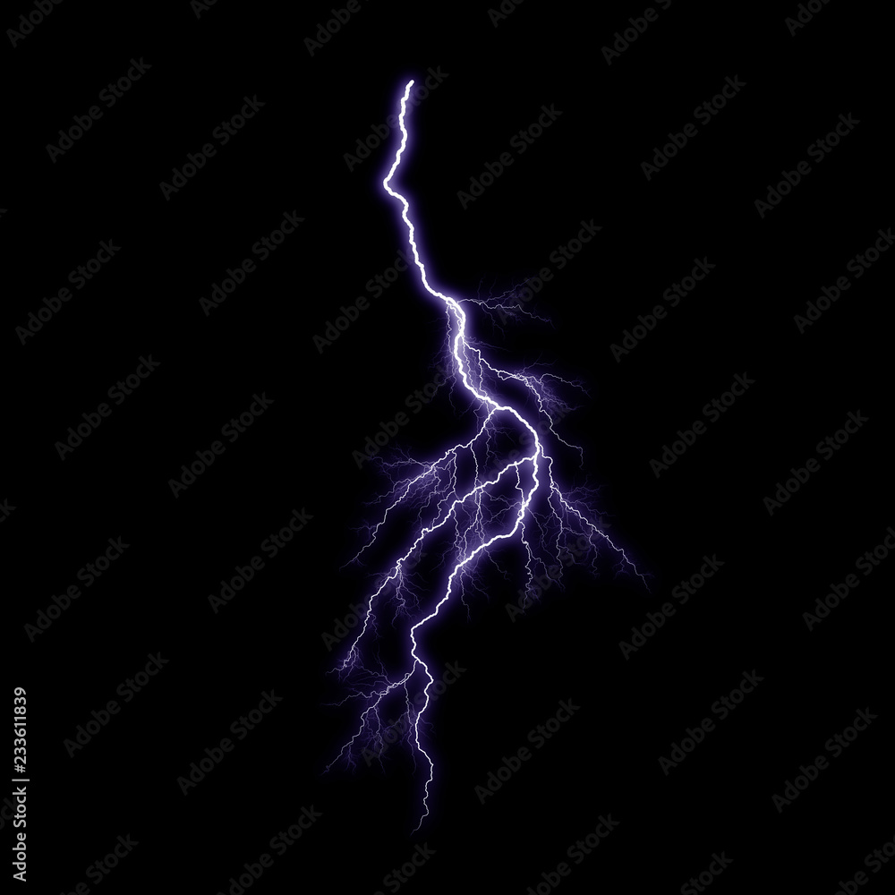 Isolated realistic electrical lightning strike visual effect on black night background. Energy change. 