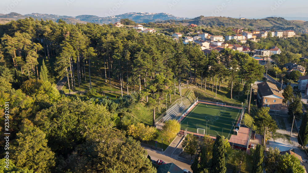 Aerial view of a synthetic grass soccer field built next to a dense pine forest. In the background the small town of Montecalvo Irpino, in Italy.