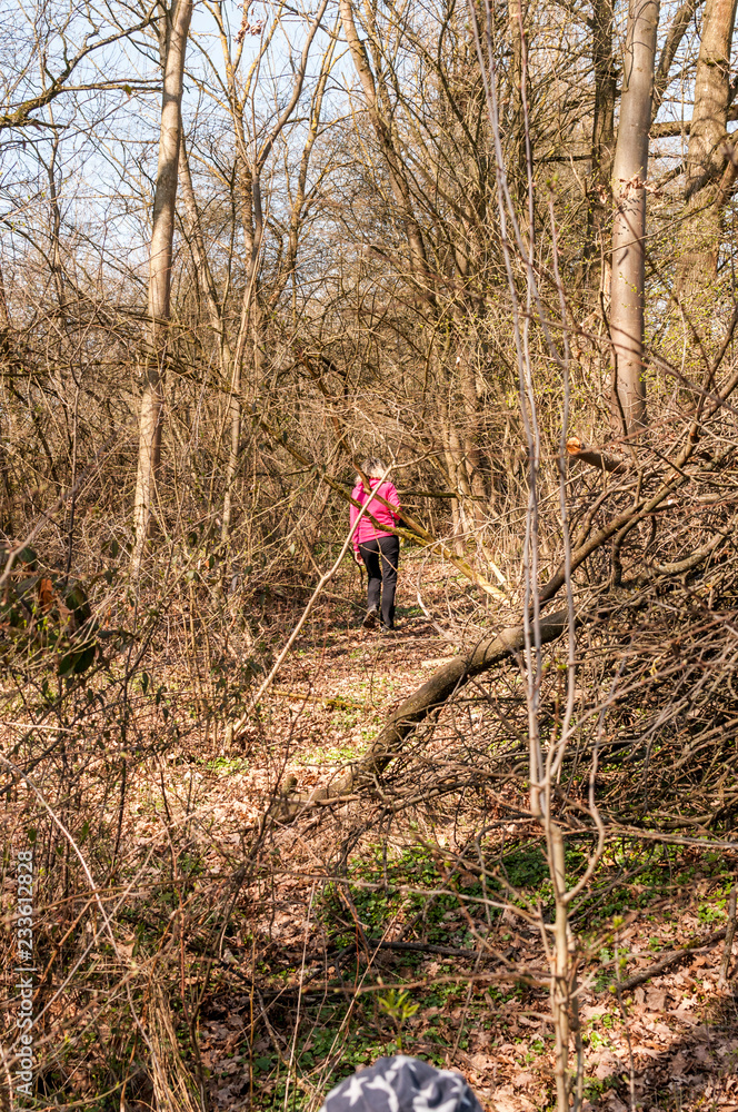 blonde woman looking for a way through a wilderness while hiking on vacation blonde woman looking for a way through a wilderness while hiking on vacation