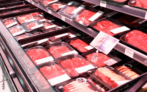 Showcase meat products in a supermarket